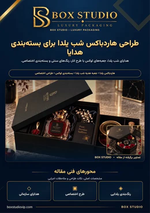 جلد مقاله: طراحی هاردباکس شب یلدا برای بسته‌بندی هدایا