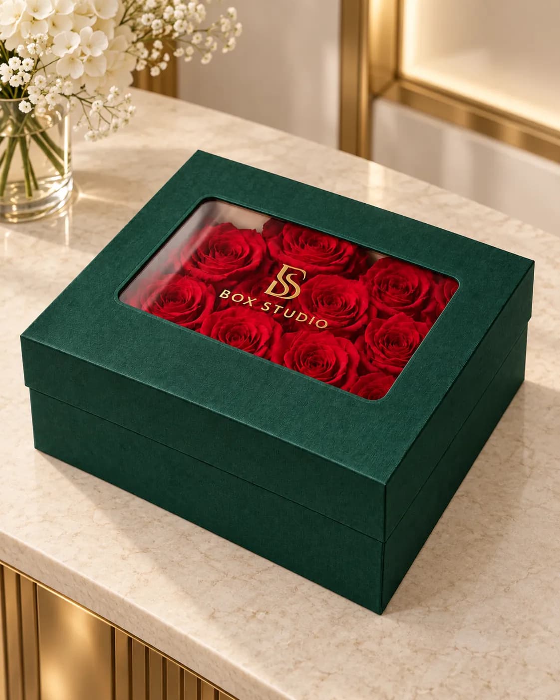 هاردباکس یشمی گل رز با پنجره مستطیلی — جعبه در فضای چیدمان هاردباکس یشمی گل رز با پنجره مستطیلی — جعبه در فضای چیدمان