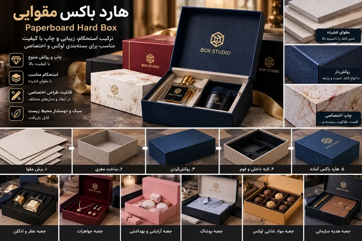 هاردباکس مقوایی با مقوای فشرده روکش دار و چاپ اختصاصی و مراحل ساخت و کاربردها