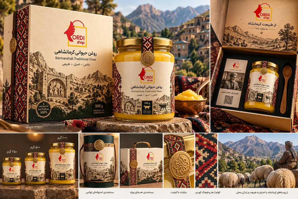 جعبه هدیه برند با چاپ تمام رنگی لوگو تصویرسازی و نوار نقوش محلی و داخل درب روایتگر