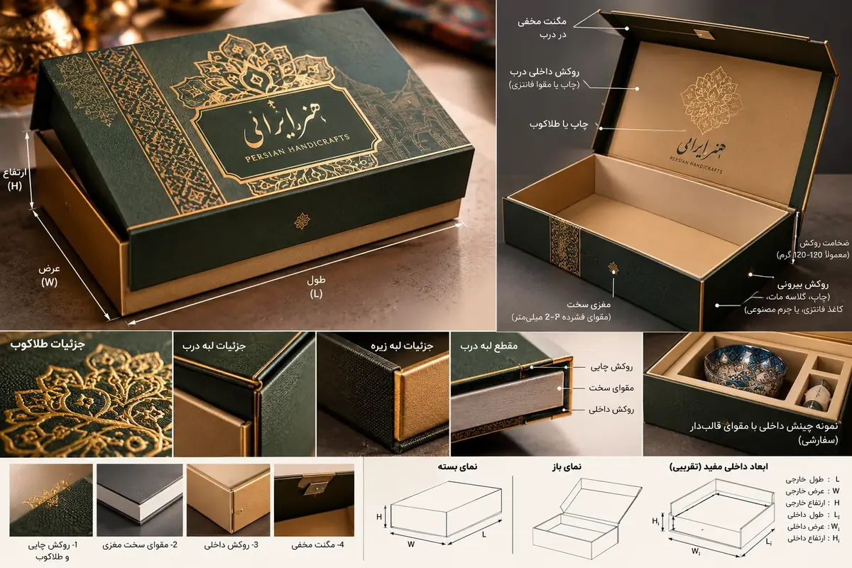 برگه مشخصات طراحی هاردباکس هنر ایرانی با جزئیات طلاکوب لبه درب مقطع روکش و مغزی و مگنت مخفی
