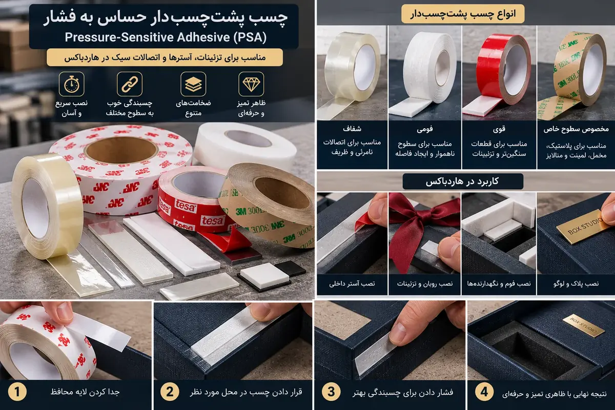 انواع نوار دوطرفه حساس به فشار و کاربرد در نصب آستر روبان فوم و پلاک لوگو در هاردباکس