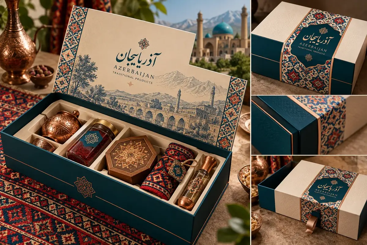 هاردباکس محصولات سنتی آذربایجان با ظروف مسی زعفران جعبه چوبی و گلیم و نوار تزئینی کاشی