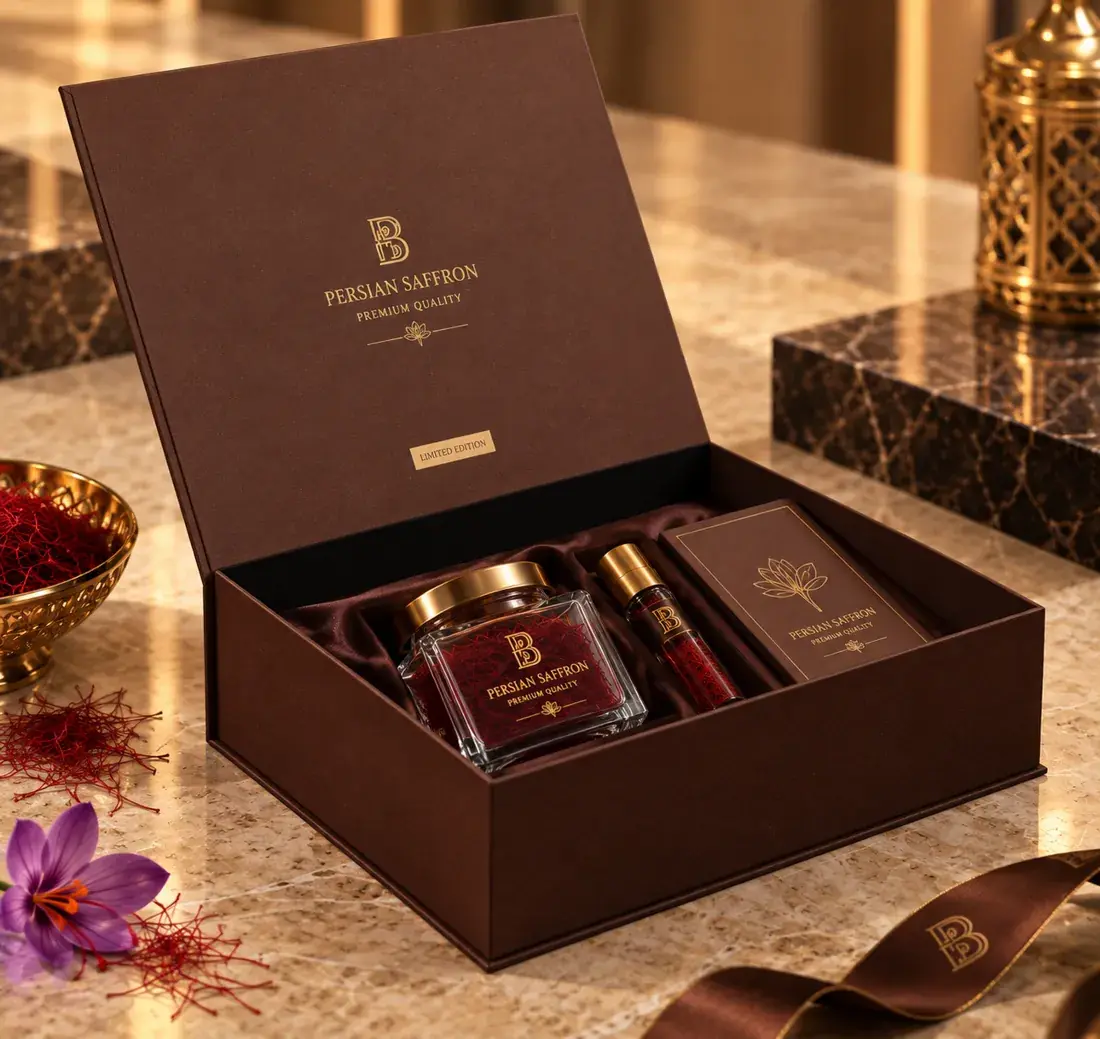 هاردباکس کتابی مگنتی زعفران قهوه ای با طلاکوب Persian Saffron و اینسرت ساتن