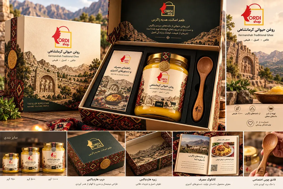هاردباکس روغن حیوانی کرمانشاهی با تصویرسازی طاق بستان نقوش گلیم کردی کتابچه دستور پخت و قاشق چوبی