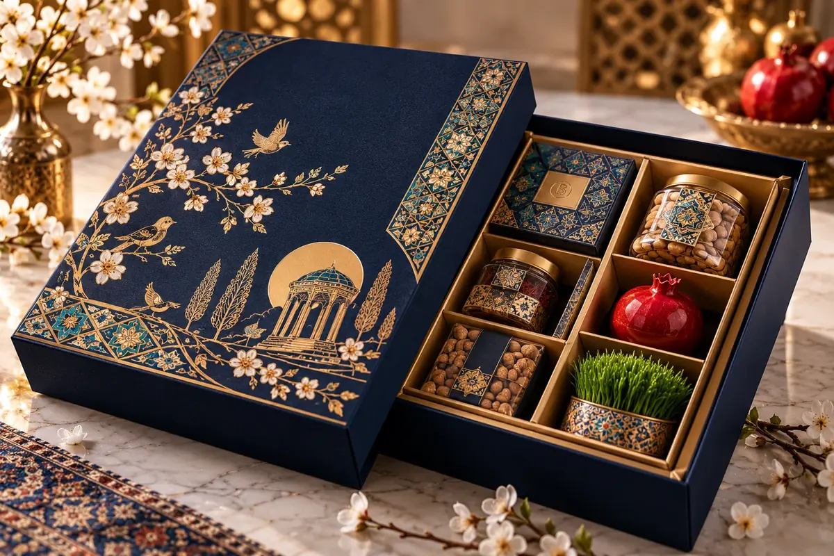 هاردباکس نوروزی سرمه ای با طلاکوب شکوفه پرنده سرو و کوشک باغ ایرانی و اینسرت خانه بندی سبزه انار آجیل و زعفران