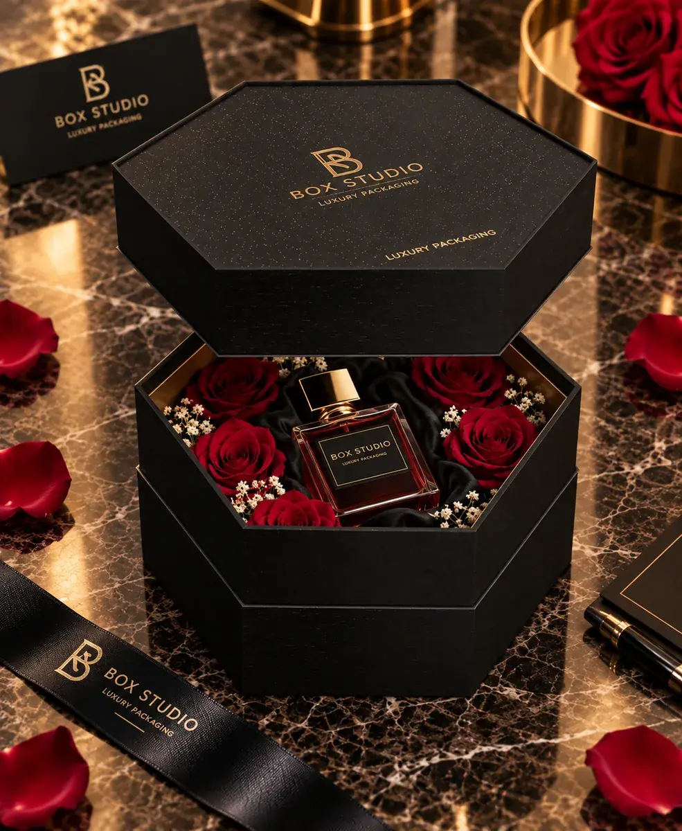 هاردباکس شش ضلعی مشکی عطر با گل رز قرمز ماندگار و طلاکوب باکس استودیو
