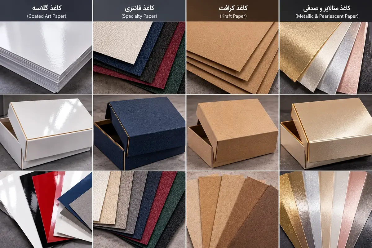 مقایسه کاغذ گلاسه کاغذ فانتزی کاغذ کرافت و کاغذ متالایز و صدفی برای روکش هاردباکس